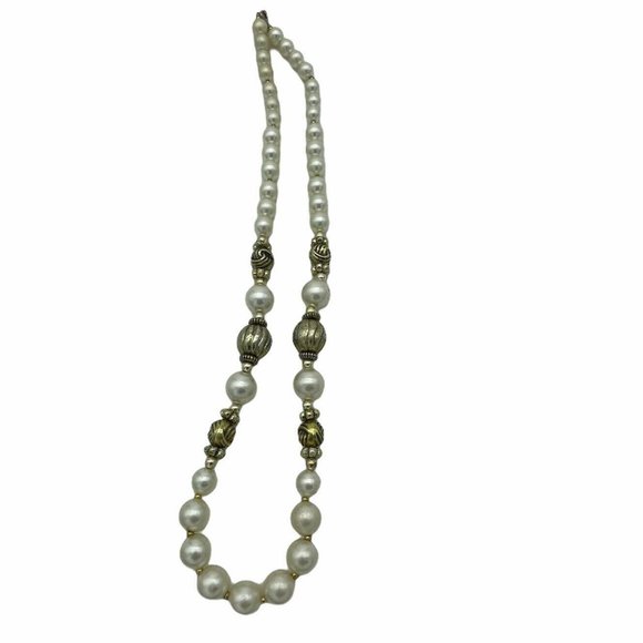 Faux Pearl Necklace Gold Tone Knots & Spacers 26" - Picture 1 of 6